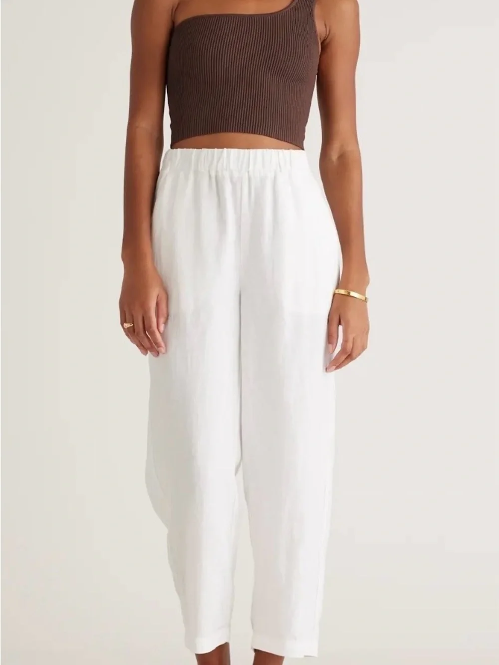 Quince White Elastic-Waist Cropped Linen-Blend Pants